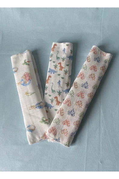 Desenli %100 Pamuk Müslin Bebek Ağız Mendili – 3'lü Set (25*25 CM) - 2
