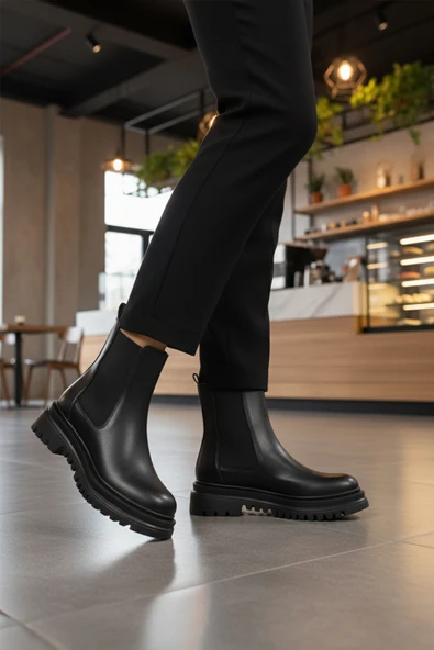 Ayakmod Siyah Cilt Kürklü Kolay Giyilebilir Kaymaz Kadın Chelsea Bot 473093 Z - 3