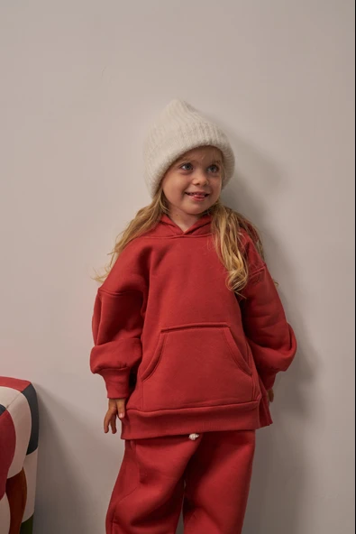 Kiremit Çocuk Kanguru Cepli Oversize Eşofman Takımı - Resim 2