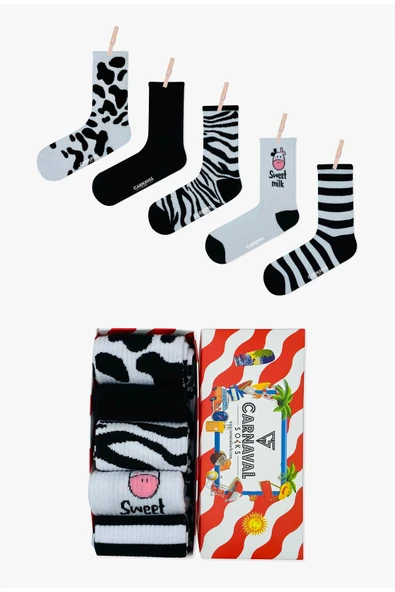 Sweet Milk 5’li Siyah Beyaz Desenli Çorap Seti | Unisex Hediye Kutulu Çoraplar