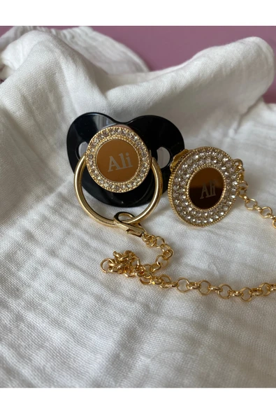 İsme Özel Altın Kaplama Zirkon Taşlı Bebek Emzik Seti (0-6 Ay) | Silikon & Damaklı Siyah Renk - 3