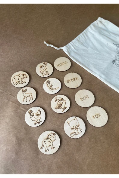 İngilizce  Hayvanları Ahşap Dil Hafıza Kartları 12 Parça Resimli - 3
