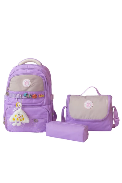 Kız Çocuk İlköğretim Çantası Ultra Hafif ilkokul / Ortaokul Okul 3 lü Çanta Seti Pembe-Lila -Gri