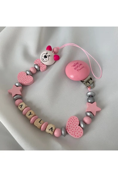 İsimli Emzik Zinciri – Doğal Ahşap Emzik Askısı – El Yapımı Bebek Hediyesi - 4