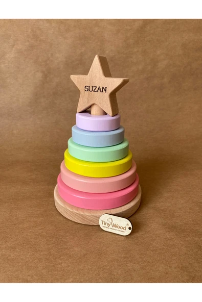 İsme Özel Ahşap Yıldız Halka Kule | Montessori Eğitici Oyuncak & Dekoratif Ahşap Hanoi - 4