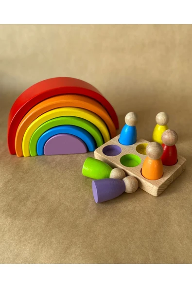 Waldorf 6 Parçalı Gökkuşağı  6 Lı Peg Bebek Tabla Seti Pastel Renk Eşleştirme ürün görseli 1