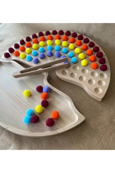 Montessori Ahşap Gökkuşağı Tepsisi – Renkli Ponpon Dizme ve İnce Motor Geliştirme Oyuncağı - Resim 5