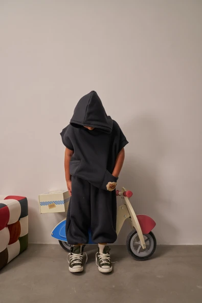 Koyu Gri Nakışlı Cepli Hoodie Takım - Resim 7