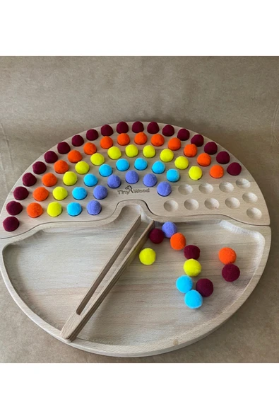 Montessori Ahşap Gökkuşağı Tepsisi – Renkli Ponpon Dizme ve İnce Motor Geliştirme Oyuncağı ürün görseli 1