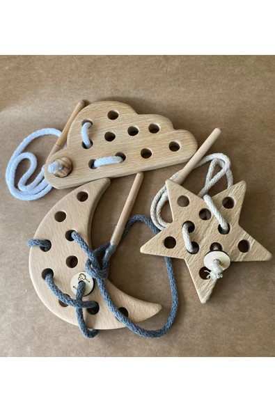 Montessori Eğitici Oyuncak İp Geçirme 3'lü Gökyüzü Seti – İnce Motor Becerisi Geliştirme Oyuncağı ürün görseli 1