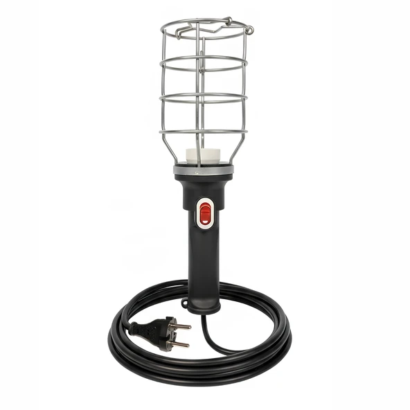 Siyah 10 mt Plastik Saplı Metal Koruma Kafesli Kablolu E27 Standart Duy Seyyar El Lambası ürün görseli