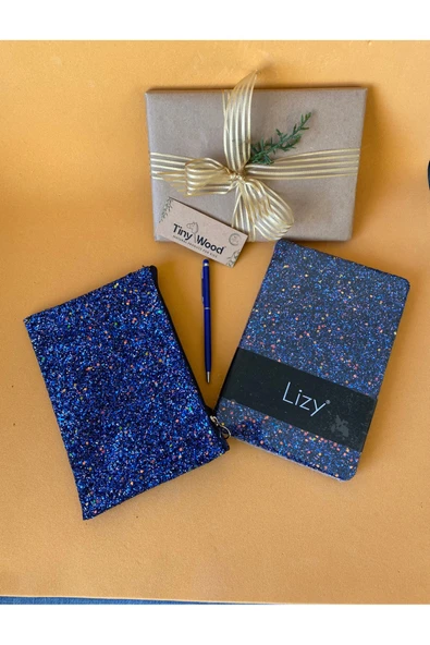 Simli Kapaklı Defter, Makyaj / Kalem Çantası ve 1 Adet Kalem Hediyelik Set Lacivert - 5