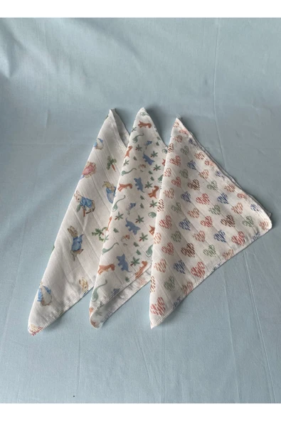 Desenli %100 Pamuk Müslin Bebek Ağız Mendili – 3'lü Set (25*25 CM) - 3