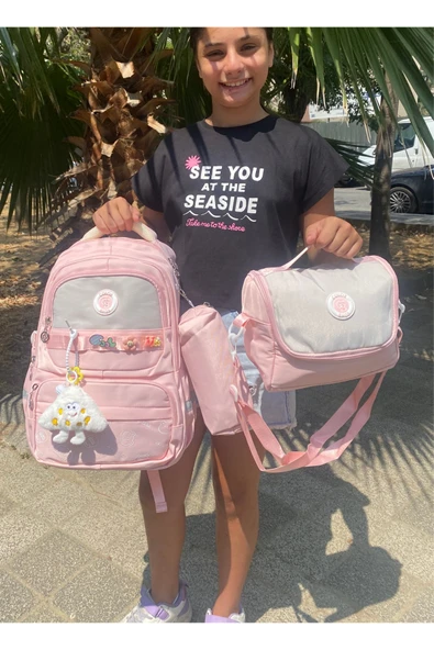 Kız Çocuk İlköğretim Çantası Ultra Hafif ilkokul / Ortaokul Okul 3 lü Çanta Seti Pembe-Lila -Gri - 3