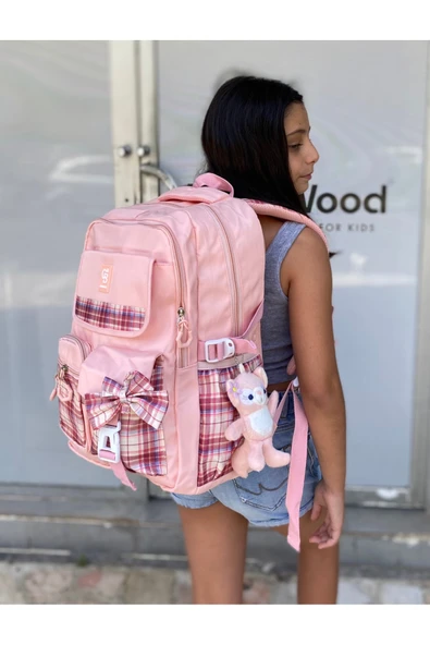 Kız Çocuk İlköğretim Çantası Ultra Hafif ilkokul / Ortaokul Okul Çantası Pembe- Pudra Ekose Cep - 9