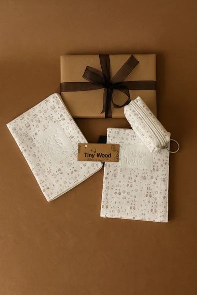 Kadın Hediye Seti – Defter, Anahtarlık ve Çanta Organizer | Desenli Deri Kapaklı Defter