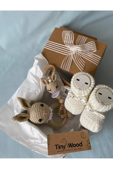 Organik Yeni Doğan Bebek İsimli Emzik Askısı Hediye Seti, Yenidoğan Hoşgeldin Bebek Hediye Kutusu - 2