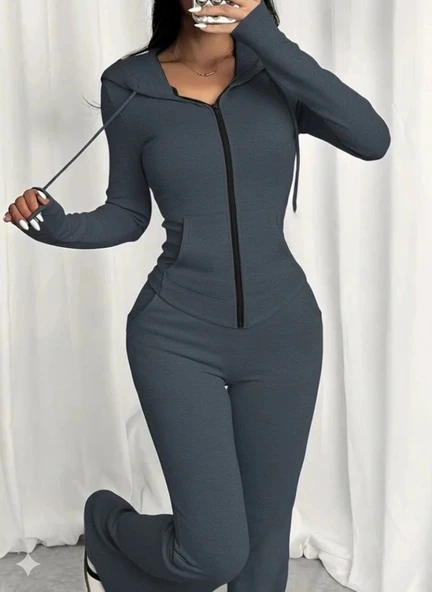 Kadın Uzun Kollu Kapşonlu Bağcıklı önü Fermuarlı Viskon Iki Iplik Bluz Ve Pantolon Ikili Takım - Resim 3