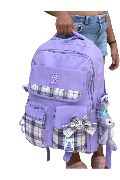 Kız Çocuk İlköğretim Çantası Ultra Hafif ilkokul / Ortaokul Okul Çantası Pembe- Pudra Ekose Cep - 8