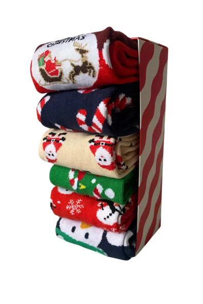 Yılbaşı 6’lı Desenli Çorap Seti | Unisex Hediye Kutulu Kış Temalı Çoraplar - 5