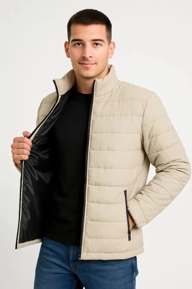 MDB Erkek Bomber ont Ceket – u İtici Kumaş, Kapitone Astarlı, Fermuarlı, Kışlık  Bej ürün görseli