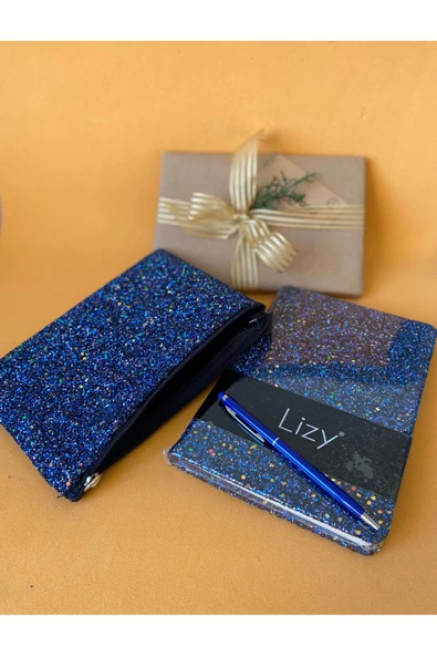 Simli Kapaklı Defter, Makyaj / Kalem Çantası ve 1 Adet Kalem Hediyelik Set Lacivert