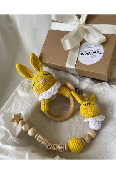 Hoşgeldin Bebek, Unisex, Yenidoğan Bebek Hediye Seti Isme Özel Emzik, Amigurumi Çıngırak