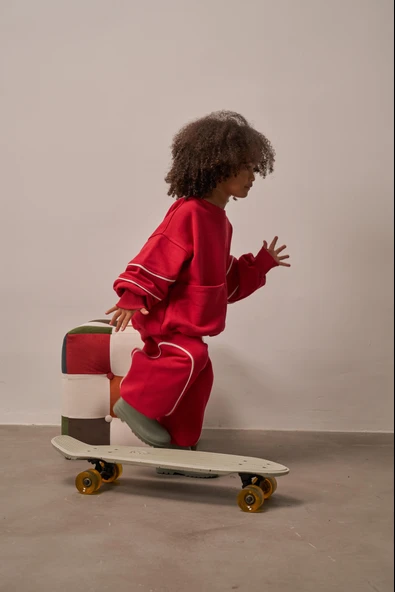 Kırmızı Asimetrik Cep Detaylı Oversize Çocuk Alt Üst Takım - Resim 8