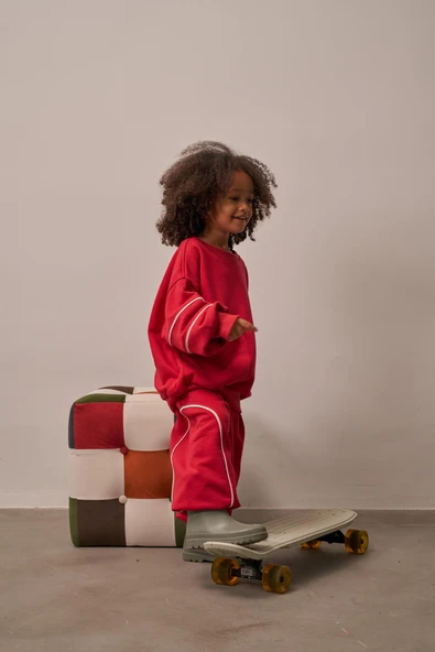 Kırmızı Asimetrik Cep Detaylı Oversize Çocuk Alt Üst Takım - Resim 9