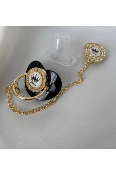 Altın Kaplama “Prens ” Yazılı Emzik Seti – Zirkon Taşlı Pembe Emzik ve Zincir