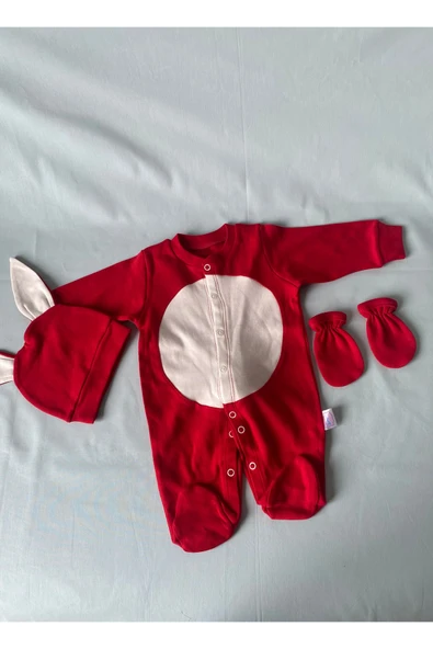 Yenidoğan Bebek Kırmızı Beyaz Tavşanlı Tulum Seti - 3