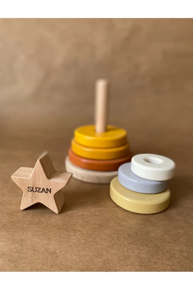 İsme Özel Ahşap Yıldız Halka Kule | Montessori Eğitici Oyuncak & Dekoratif Ahşap Hanoi - 9