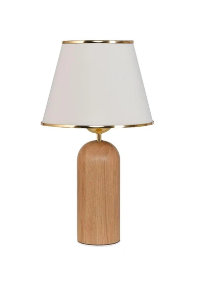 Silos Masif Ahşap Ayaklı Gold Detaylı Krem Kumaş Şapkalı Dekoratif Abajur - Resim 3