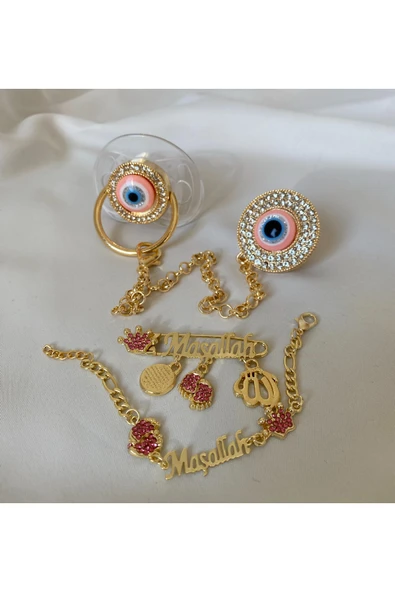Altın Kaplama Nazar Boncuklu Zirkon Emzik Seti – Maşallah İğnesi & Bebek Künyesi Dahil - 6