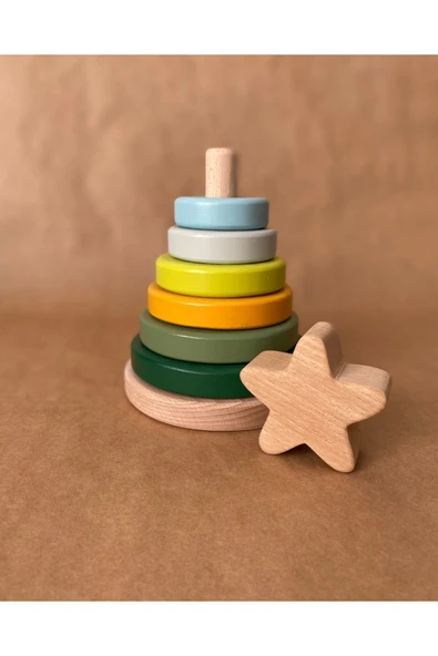 Waldorf Ahşap Yıldız Kule Ahşap Hanoi Kule Ekolojik Oyuncak Yeşil Pastel Pembe Renk - Resim 3