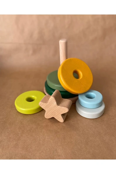 Waldorf Ahşap Yıldız Kule Ahşap Hanoi Kule Ekolojik Oyuncak Yeşil Pastel Pembe Renk - Resim 5