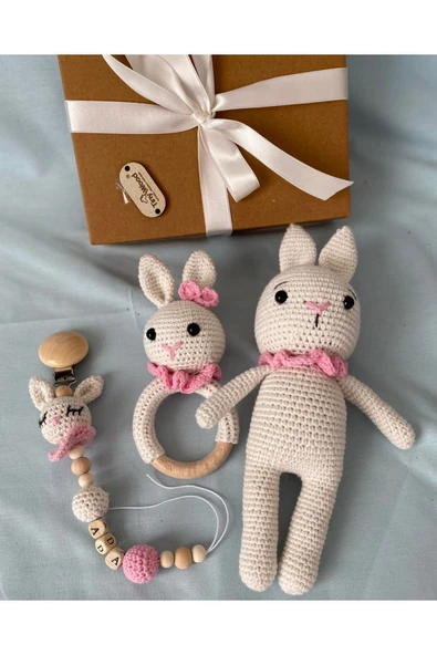 Amigurumi Tavşancık Hediyelik Yenidoğan 3 Lü Set, Kız Bebek Hoşgeldin Bebek Hediye Seti - 5