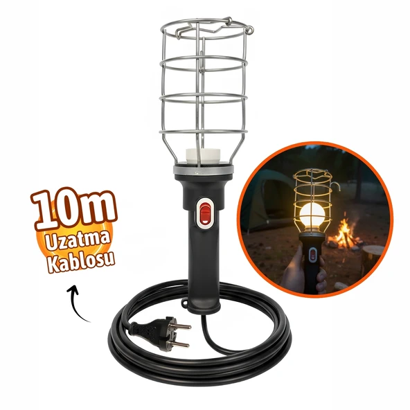 Siyah 10 mt Plastik Saplı Metal Koruma Kafesli Kablolu E27 Standart Duy Seyyar El Lambası - Resim 2