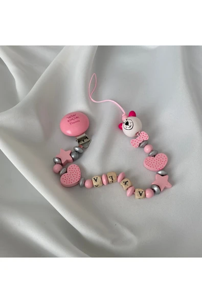 İsimli Emzik Zinciri – Doğal Ahşap Emzik Askısı – El Yapımı Bebek Hediyesi - 3