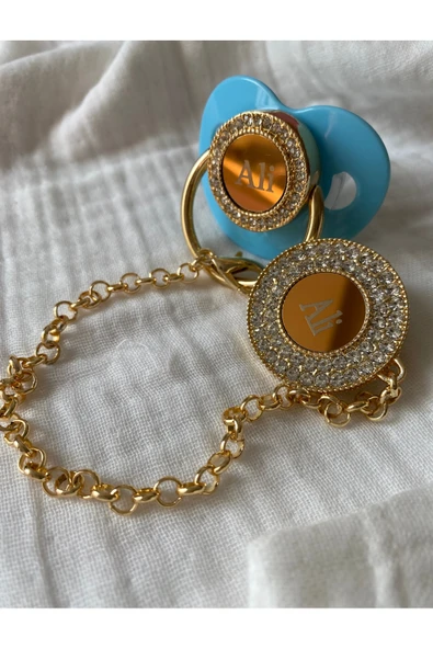 İsme Özel Altın Kaplama Zirkon Taşlı Bebek Emzik Seti (0-6 Ay) | Silikon & Damaklı