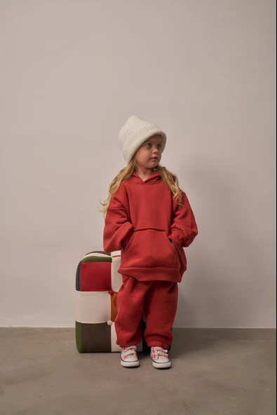 Kiremit Çocuk Kanguru Cepli Oversize Eşofman Takımı ürün görseli