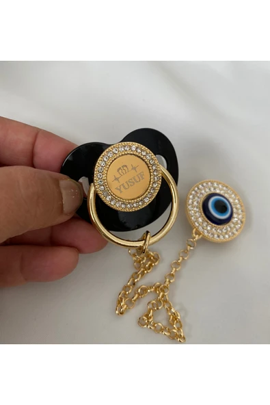 Altın Kaplama İsimli Zirkon Taşlı Silikon Emzik Seti (0-6 Ay) – Damaklı & Kişiye Özel Siyah - 3