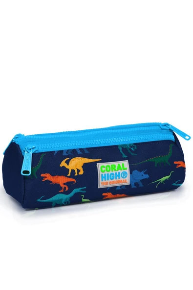 Kids Lacivert Mavi Dinozor Desenli Üç Bölmeli Kalem Çantası
