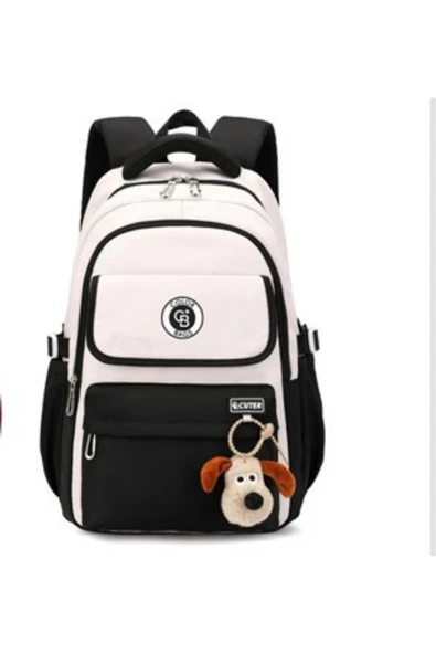 Kız Çocuk İlkokul Çantası – Peluş Anahtarlıklı, Su Geçirmez Kumaş Siyah- Pudra-Gri Pembe - 5