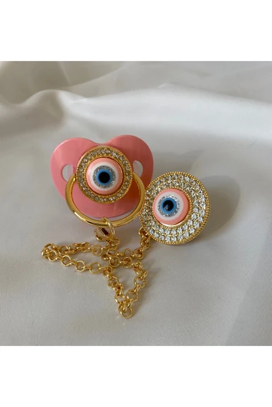 Altın Kaplama Nazar Boncuklu İsimli Emzik Zinciri Seti – Kişiye Özel Zirkon Taşlı Bebek Emziği - 2