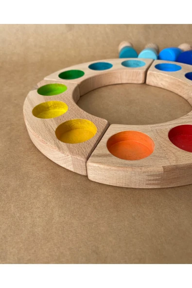 1 Yaş 12'li Waldorf Gökkuşağı Peg Bebek Tabla Seti Peg Bebek Renk Eşleştirme Ahşap Oyuncak Yuvarlak - 3