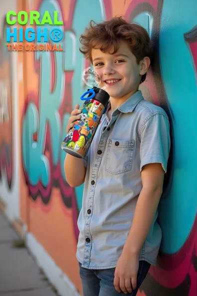 Siyah Karikatür Çizgili Desenli Pipetli ve Direkt İçim Çelik Termos 500 ml okul termos matara - 2