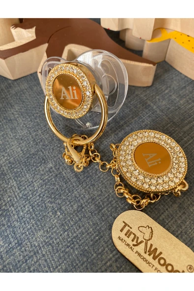 İsme Özel Altın Kaplama Zirkon Taşlı Bebek Emzik Seti (0-6 Ay) | Silikon & Damaklı Şeffaf - 3