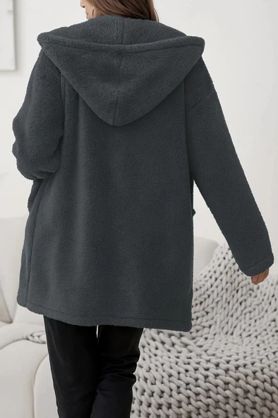 MDB Kadın Uzun Kollu Kapşonlu önden Fermuarlı Cepli Welsoft Ceket - Resim 4