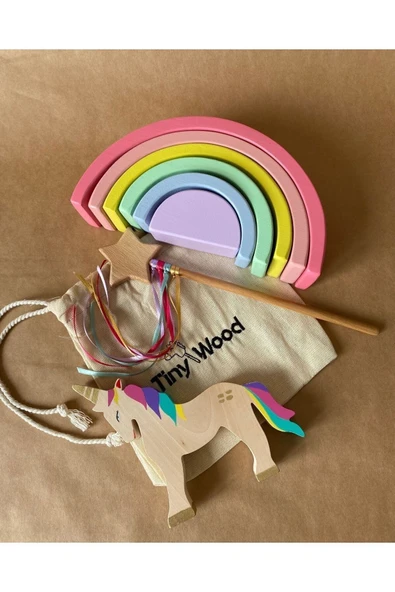 Ahşap Waldorf Unicorn Gökkuşağı Değnek Oyuncak Seti Masal Oyuncakları ürün görseli 1